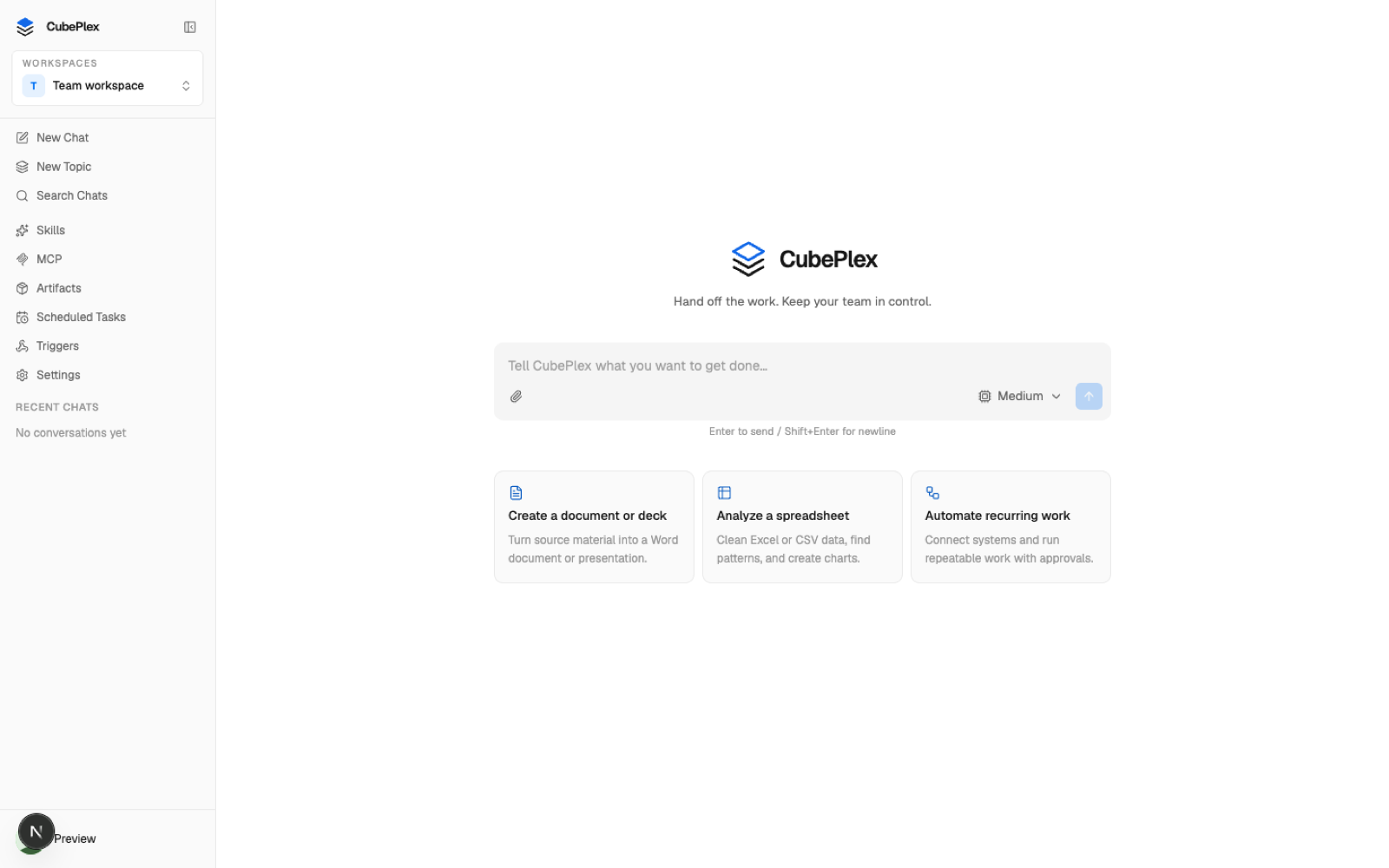 CubePlex workspace showing the team-controlled agent prompt